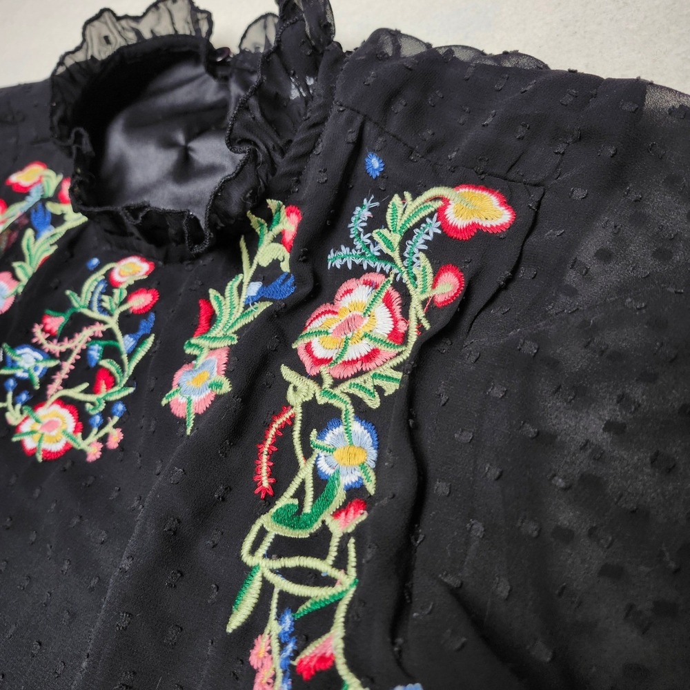 Floral Embroidered Boho Sheer Blouse Womens L Black Cottagecore Swiss Dot - Picture 2 of 7